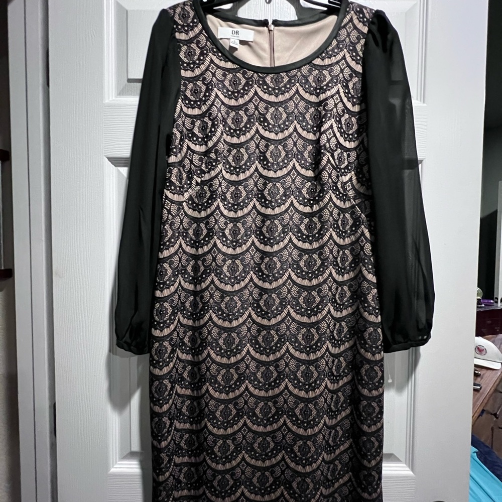 Black Lace-Overlay Shift Dress with Sheer Sleeves;new never worn;smoke free home